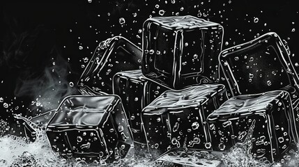 Poster -   A monochrome image of a chair group during rainfall, with water droplets on the floor and ground