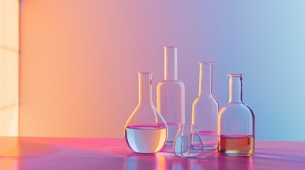 Wall Mural - chemistry lab glassware on table with no contents on colorful backdrop