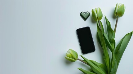 Wall Mural - Green tulip holiday card with phone and heart decoration on white background for various occasions