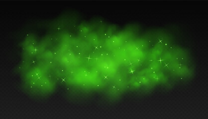 Wall Mural - green magic smoke with stars and sparkles, fog with glowing particles, colorful vapor with star dust