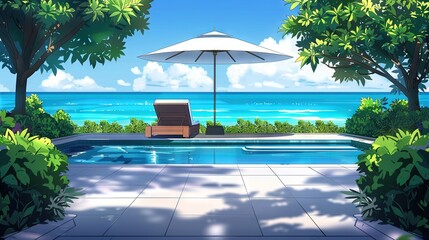 Sticker -   A pool with a lounge chair and an umbrella beside a vast water expanse featuring a beachscape