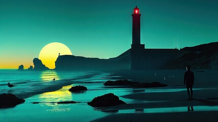 Sticker -   A person standing on a beach beside the ocean with a lighthouse in the distance during sunrise or sunset