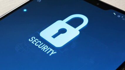 Poster - A blue smartphone screen displays a white padlock icon with the word security written below it.