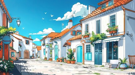 Canvas Print -   A picture of a city road with white structures and green vegetation on both sides, and a blue sky with cloudy backdrop