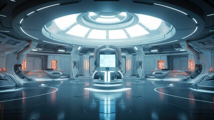 Wall Mural - Futuristic corridor with circular architecture in a sci-fi spaceship. Image of modern corridor of spacecraft interior with bright blue light. Concept for advanced technology and space travel. AIG35.