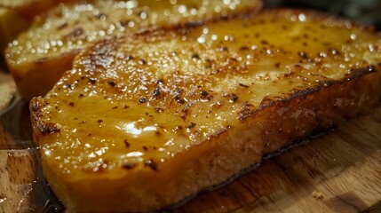 Wall Mural - Close-up of an amateur portrait taken with smartphone of French toast with creme brulee at night. Toast with creme brulee served on a plate in a restaurant.