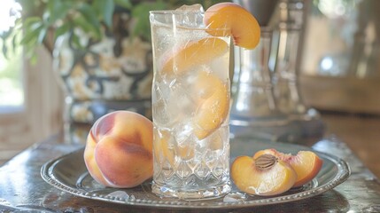 Poster -   Close-up of water glass filled with peaches on a plate against pitcher backdrop