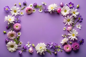 Wall Mural - A frame made of purple and white flowers on a purple background