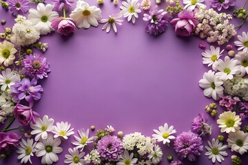 Wall Mural - A frame made of purple and white flowers on a purple background