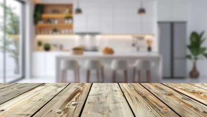 Wall Mural - Wooden table top against a soft-focus kitchen background, perfect for advertising modern home kitchen products. Empty kitchen counter bar for flexible designs placement.