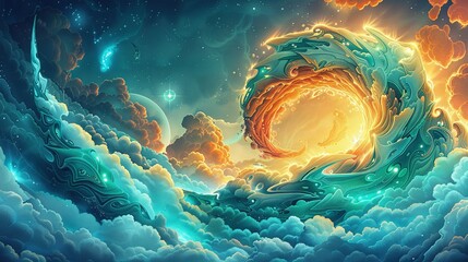 Wall Mural -   A large wave dominates the center of a cloud-filled sky, while a lone star punctures the heavens above it