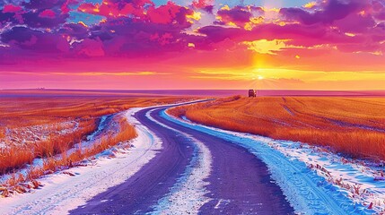 Poster -   A road in a snowfield with a distant truck