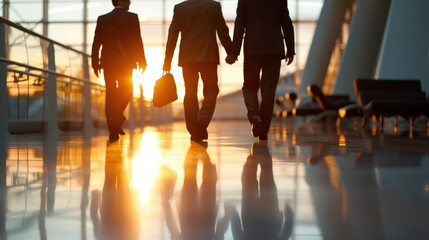 Three business professionals walk in a brightly lit corridor with one carrying a briefcase, signifying teamwork and corporate environments, lit by the setting sun rays reflecting on the polished floo