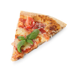 Poster - Piece of delicious Margherita pizza isolated on white