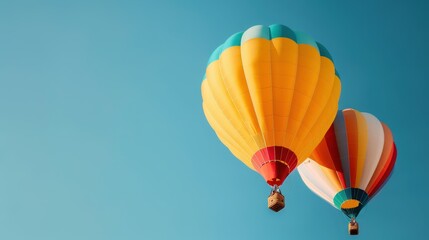 This image showcases two vibrant hot air balloons floating in the clear blue sky, representing freedom, adventure, and the beauty of aerial journeys in a serene setting.