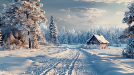 Poster - A snowy winter landscape with a cozy cabin in the distance