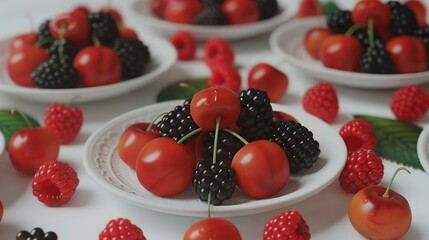 Sticker -   A zoomed-in photo of a fruit platter featuring berries and raspberries adjacent to it on a table