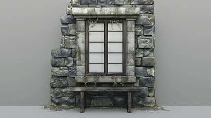 Wall Mural -   A stone structure features a bench in front and a central window