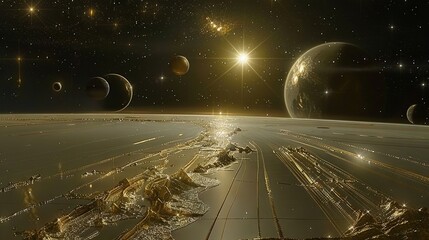 Wall Mural -  An artistically rendered depiction of the solar system featuring distinct planets in the foreground and the sun prominently positioned behind them