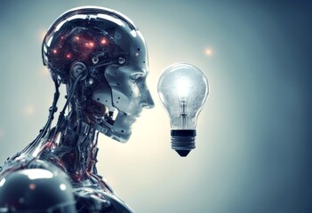 Wall Mural - symbolizing merge learning light innovation data powered bulb ai human science machine robot brain image big futuristic interaction technology artificial intelligence