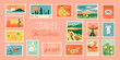 © Dedraw Studio - Vintage world travel post card stamp illustration. Retro style international country landscape postage sticker, famous landmark mail postmark, tourism city view postal label.
