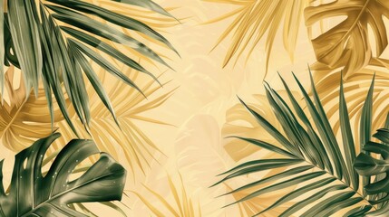 Wall Mural - Tropical and palm yellow leaves on a beige background. Minimalistic summer abstract pattern in the jungle or forest.