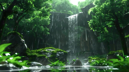 Sticker -   Waterfall in the heart of lush green forest with surrounding body of water