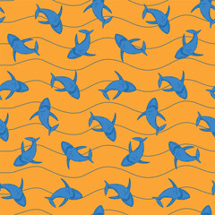 Wall Mural - Seamless pattern with shark. Pixel art. Repeat shark print on linear yellow Background for textile, fabric, pajama, stationery and other design.