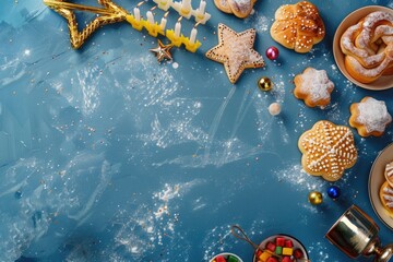 Wall Mural - Blue background with variety of Christmas treats including donuts, cookies