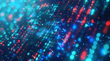 Poster - A digital matrix with streaming lights and binary codes portrays data flow and technology advancements
