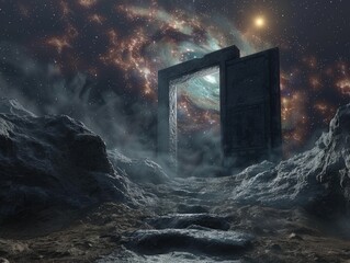 Wall Mural - door is shown in dark, rocky landscape with cloudy sky above