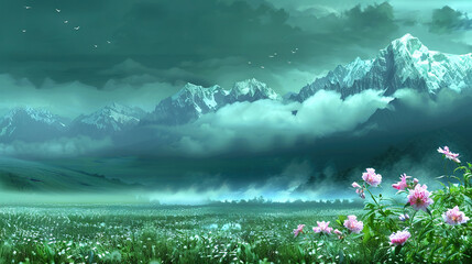 a landscape depicts a mountainous vista with floral elements in the foreground and a luminous celest