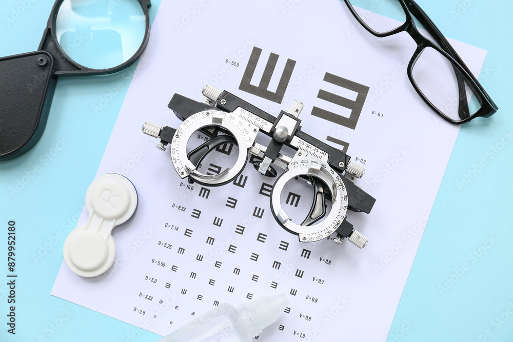 Optical trial frame with eye test chart, eyeglasses and magnifier on blue background