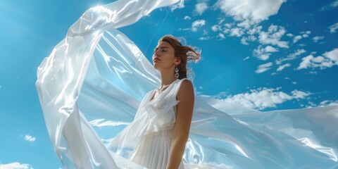 Wall Mural - A woman wearing a white dress stands under a clear blue sky, suitable for use in editorial or creative contexts