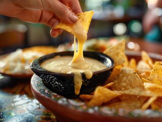 Canvas Print - Person is dipping chip into bowl of cheese