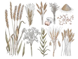 Wall Mural - Drawing of various plants and grains, including wheat, barley, and oats