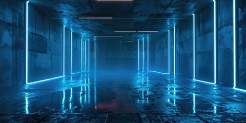 Wall Mural - Large, empty room with blue walls and blue lights
