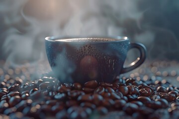 Sticker - Cup of coffee is sitting on pile of coffee beans