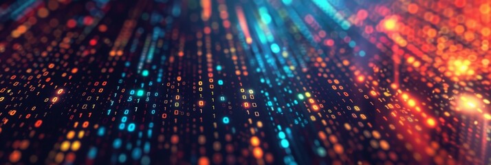 Poster - A digital matrix with streaming lights and binary codes portrays data flow and technology advancements