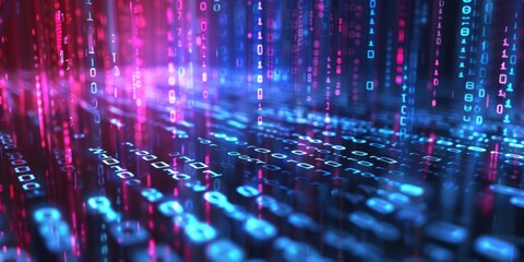 Poster - A digital matrix with streaming lights and binary codes portrays data flow and technology advancements