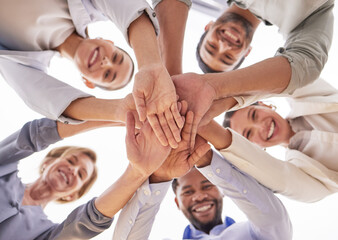 Canvas Print - Hands, below and portrait of business people in office for success, team building or project. Collaboration, partnership and support for men and women or group with diversity and pride in workplace