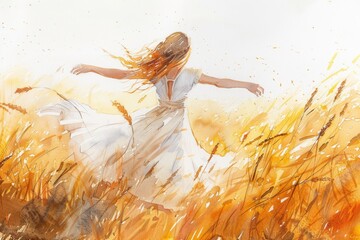 Aufkleber - A woman wearing a white dress stands in a lush green field, with wildflowers and tall grasses surrounding her