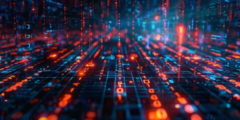 Poster - A digital matrix with streaming lights and binary codes portrays data flow and technology advancements