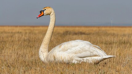 Poster -  White Swan With Orange Beak In Field Of Brown Grass And Blue Sky