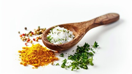 Aufkleber - A close-up view of a wooden spoon filled with various spices, ideal for use in cooking or as a decorative piece