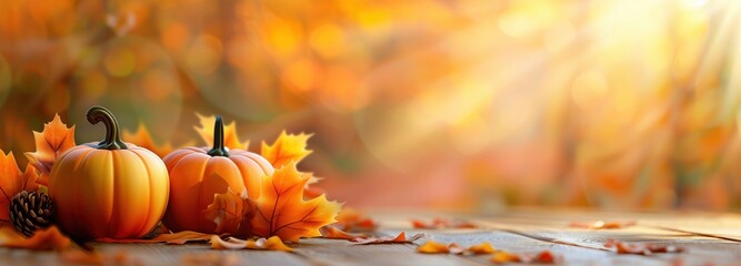 Two pumpkins surrounded by autumn leaves and a pinecone on a wooden surface, bathed in warm sunlight with a blurred fall foliage background. Autumn decor concept with ample copy space.