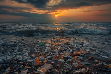 Poster - Image shows a beach filled with trash as the sun sets in the background