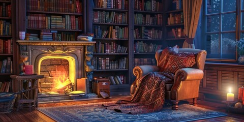 Sticker - Cozy living room with fireplace and large collection of books