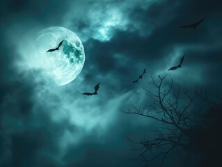 Wall Mural - Group of bats flying in sky above full moon