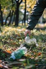 Poster - A person picking up a plastic bottle from the ground, highlighting the importance of recycling and environmental conservation